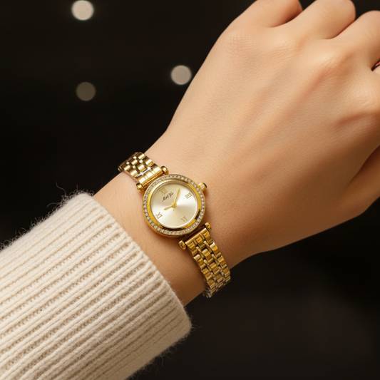 Gold-tone rhinestone jewelry watch
